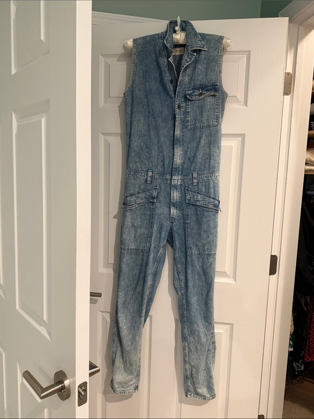 Sleeveless Light Blue Denim Jumpsuit Pants